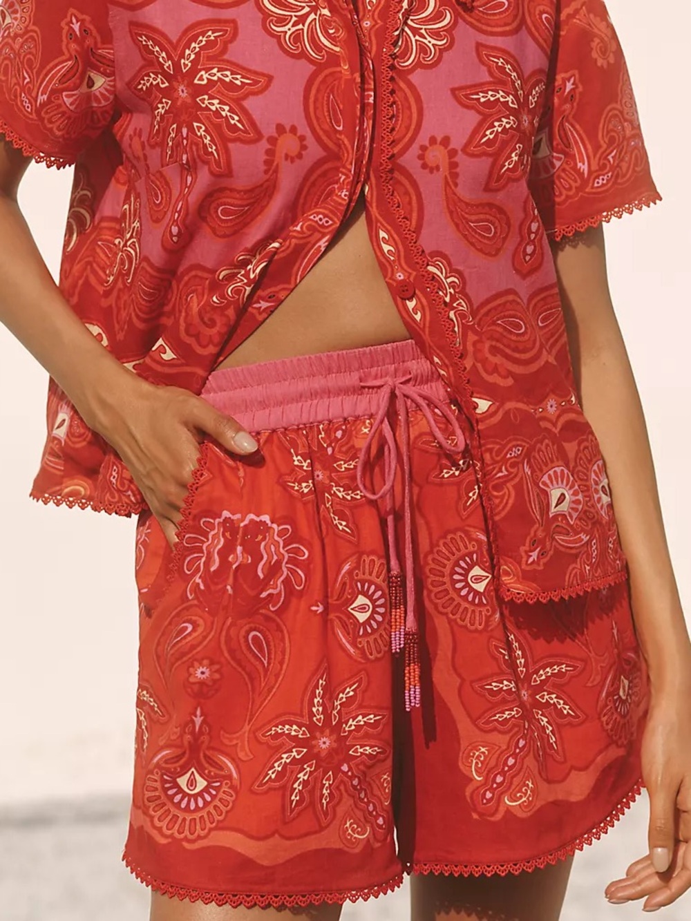 NWT Farm Rio x Anthropologie Linen Blend Drawstring Shorts Lace Hem Red Pink S